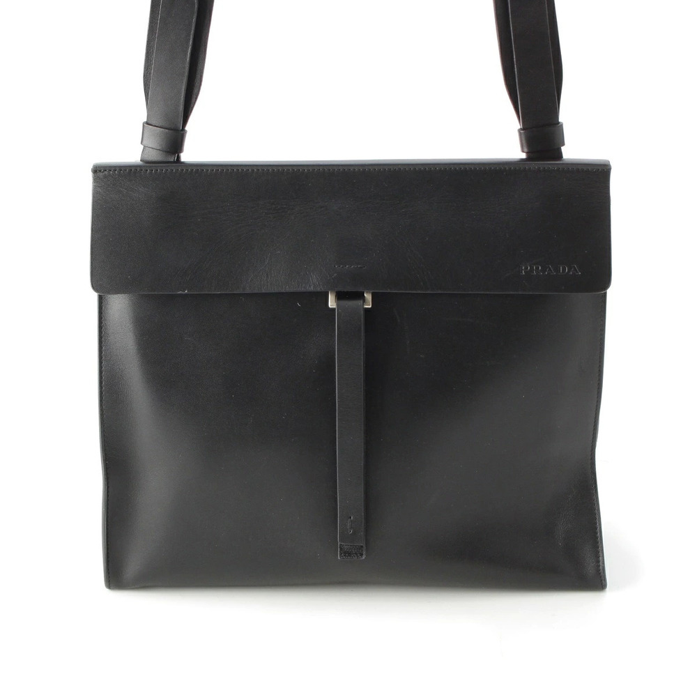 Prada black leather shoulder crossbody bag front flap